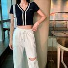 Short-sleeve Contrast T-shirt / Ribbon Pants
