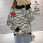 Mock Neck Heart Embroidered Striped Sweater