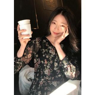 V-neck Floral Chiffon Long Shirtdress