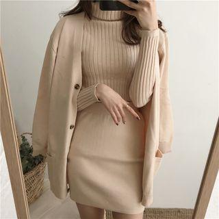 Set: Turtleneck Sweater + Cardigan + Mini Knit Skirt