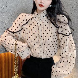 Long-sleeve Ruffled Dotted Blouse Almond - One Size
