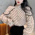 Long-sleeve Ruffled Dotted Blouse Almond - One Size