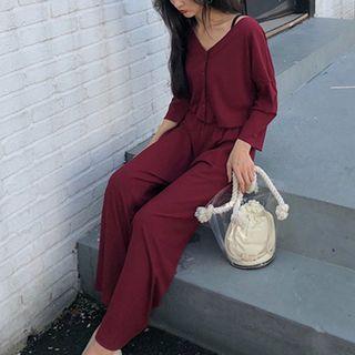 Set: V-neck Buttoned Light Jacket + High Waist Wide-leg Pants