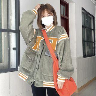 Letter Embroidered Striped Bomber Jacket Green - One Size