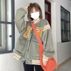 Letter Embroidered Striped Bomber Jacket Green - One Size