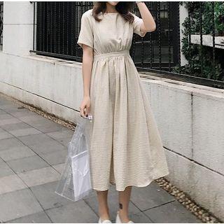 Gingham Short-sleeve Open Back A-line Dress