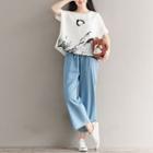 Elbow-sleeve Print Linen T-shirt White - One Size