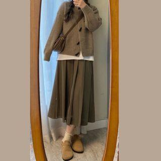 Plain Cardigan / Pleated Midi A-line Skirt / Set