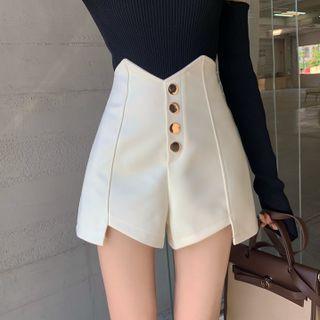 High-waist Half-button Wide-leg Shorts