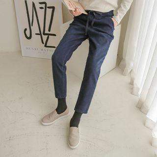 Drawstring-waist Fleece-lined Baggy Jeans