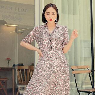 Notched-lapel Pattern Midi Dress
