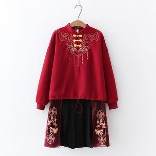 Frog-button Sweatshirt / Pleated Mini A-line Skirt