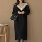 Contrast-yoke Lace-trim Midi Dress