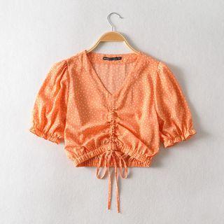 Puff-sleeve Dotted Drawstring Crop Top