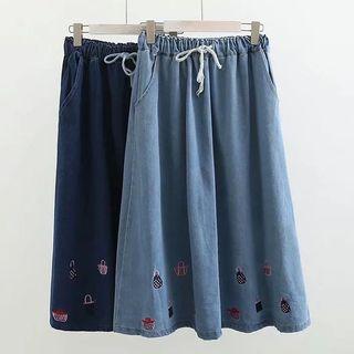 Embroidered Midi A-line Denim Skirt