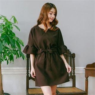 Frill-cuff A-line Dress With Sash