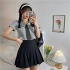 Short-sleeve Collared Tie-neck Top / Pleated Mini A-line Skirt