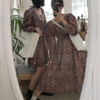 Floral Long-sleeve A-line Dress / Midi Dress