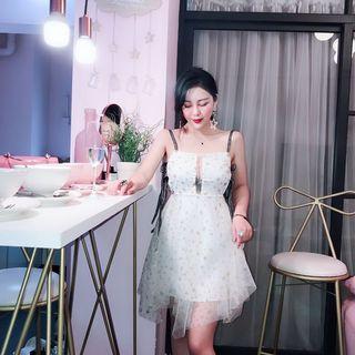 Lettering Strap Sequin Star Mini Mesh Dress
