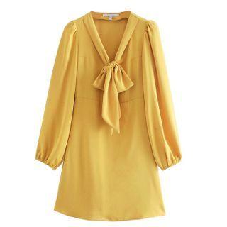 Tie-neck Puff-sleeve A-line Dress