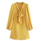 Tie-neck Puff-sleeve A-line Dress