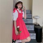 Wide Strap Mini A-line Dress / Puff-sleeve Blouse