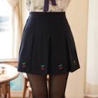 Cherry-embroidered Pleated Mini Skirt Dark Blue - One Size
