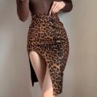 Leopard Print Slit Fitted Skirt
