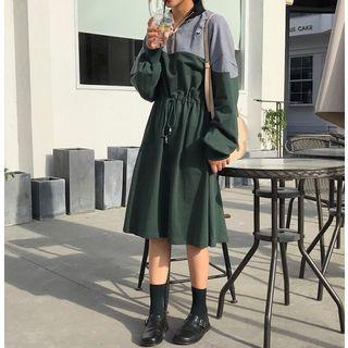 Stand Collar Color Block Drawstring Dress
