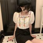 Flower Embroidered Short-sleeve Blouse White - One Size