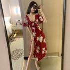 V-neck Short-sleeve Side-slit Maxi Dress
