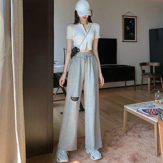 Short-sleeve Zip-up Polo Shirt / Distressed Wide Leg Pants