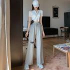 Short-sleeve Zip-up Polo Shirt / Distressed Wide Leg Pants
