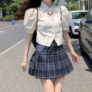 Puff-sleeve Heart Cutout Crop Shirt / Plaid Mini A-line Skirt