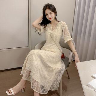 Fray Trim Notched Neck Lace Midi Dress