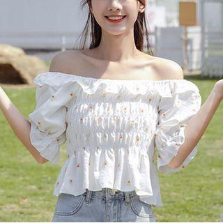 Short-sleeve Floral Chiffon Frill Trim Crop Top White - One Size