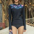 Set: Long-sleeve Floral Print Panel Rashguard Top + Bottom