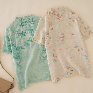 Short-sleeve Print Frog Button Blouse