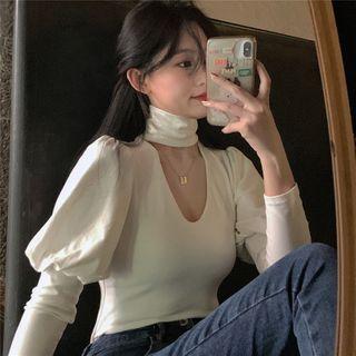 Plain Puff-sleeve Slim-fit Halter Top