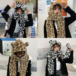Leopard Print Bear Ear Hooded Scarf