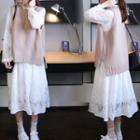 Long-sleeve Midi Lace Dress / Plain Knit Vest