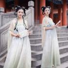 Set: Embroidered Hanfu Blouse + Maxi Overall Dress