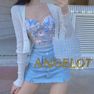Suspender Mesh Lace Back Heart / White Cardigan / Blue A-line Skirt