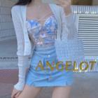 Suspender Mesh Lace Back Heart / White Cardigan / Blue A-line Skirt