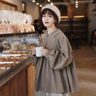 Crochet Lace Collar Plain Shirt Dark Khaki - One Size