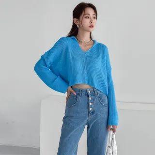 Collared Long-sleeve Knit Crop Top