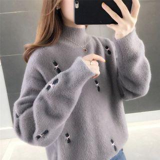 Mock-neck Cat Embroidered Sweater
