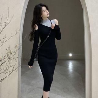 Cold-shoulder Two-tone Knit Midi Bodycon Dress Black - One Size