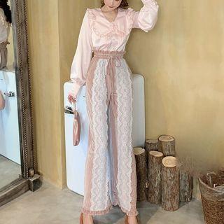 Peter Pan Collar Frill Trim Blouse / Drawstring Lace Panel Wide-leg Pants