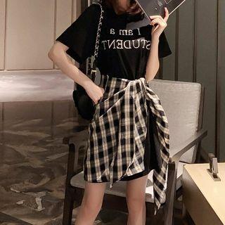 Short-sleeve Mock Two-piece Lettering Plaid Mini T-shirt Dress